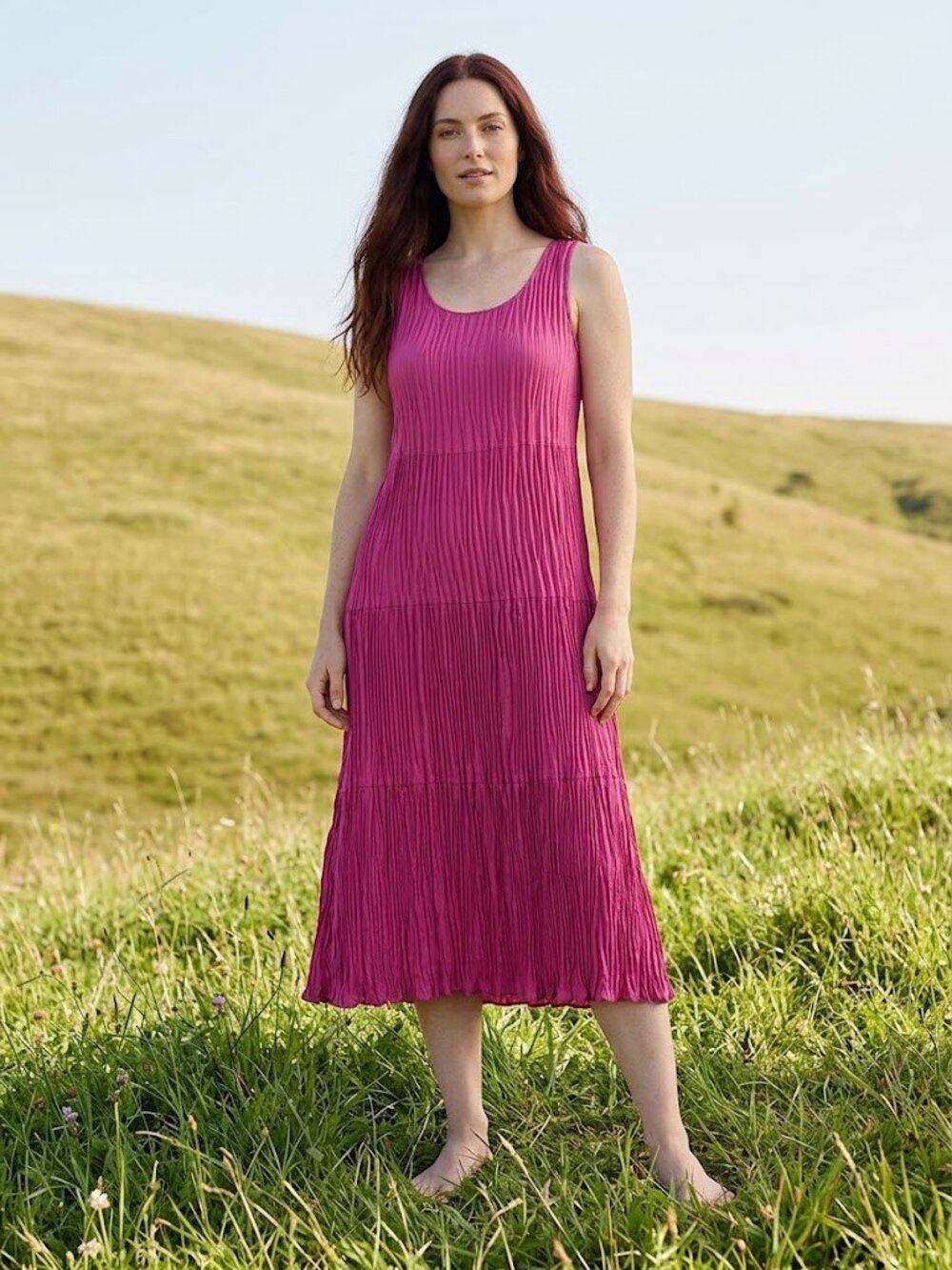 NWT Eileen Fisher Crushed Silk Tiered Dress in Geranium Pink Pleated Midi M